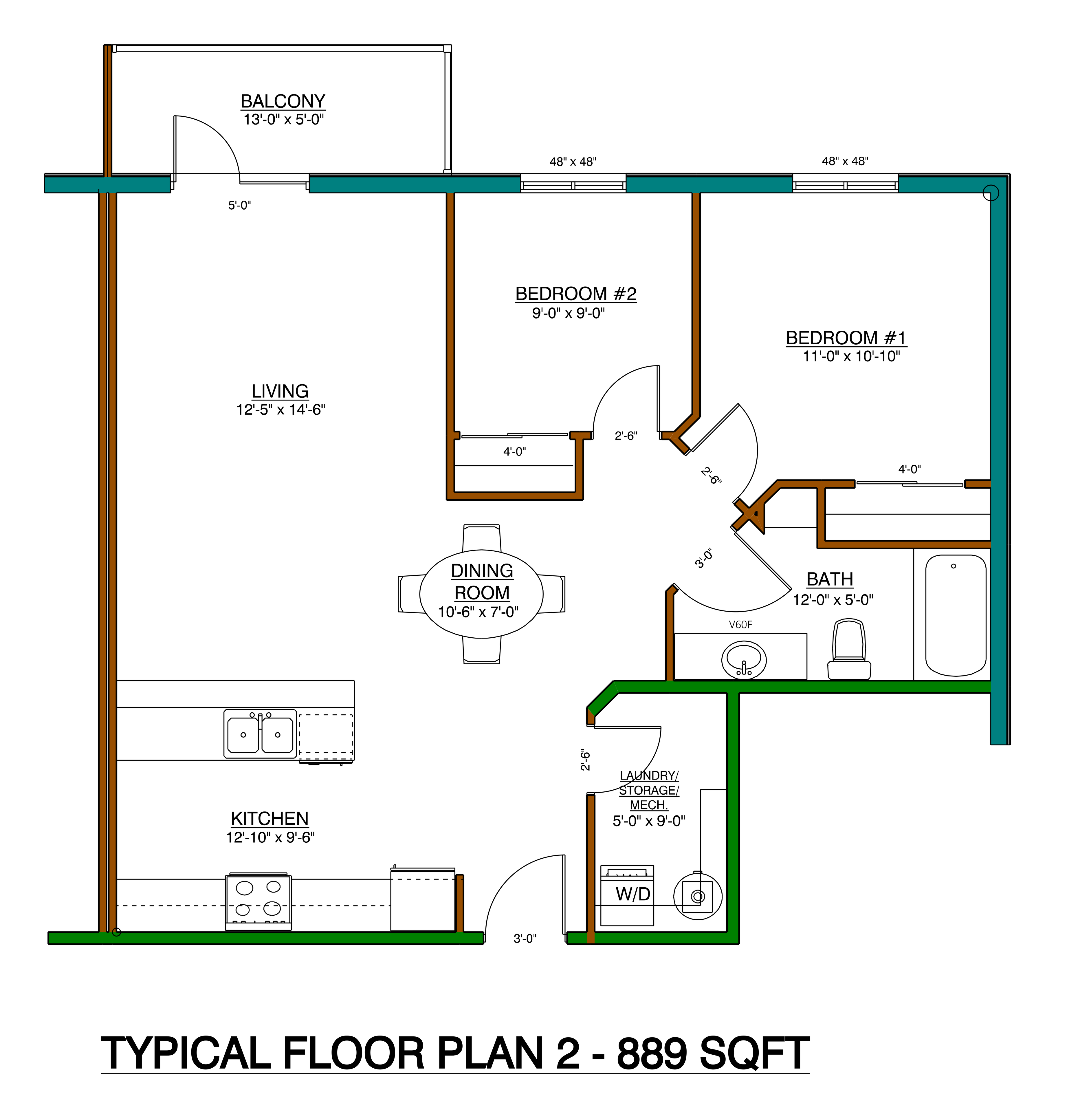 Typical Floor Plan 2 — 980 sq ft two-bedroom suite