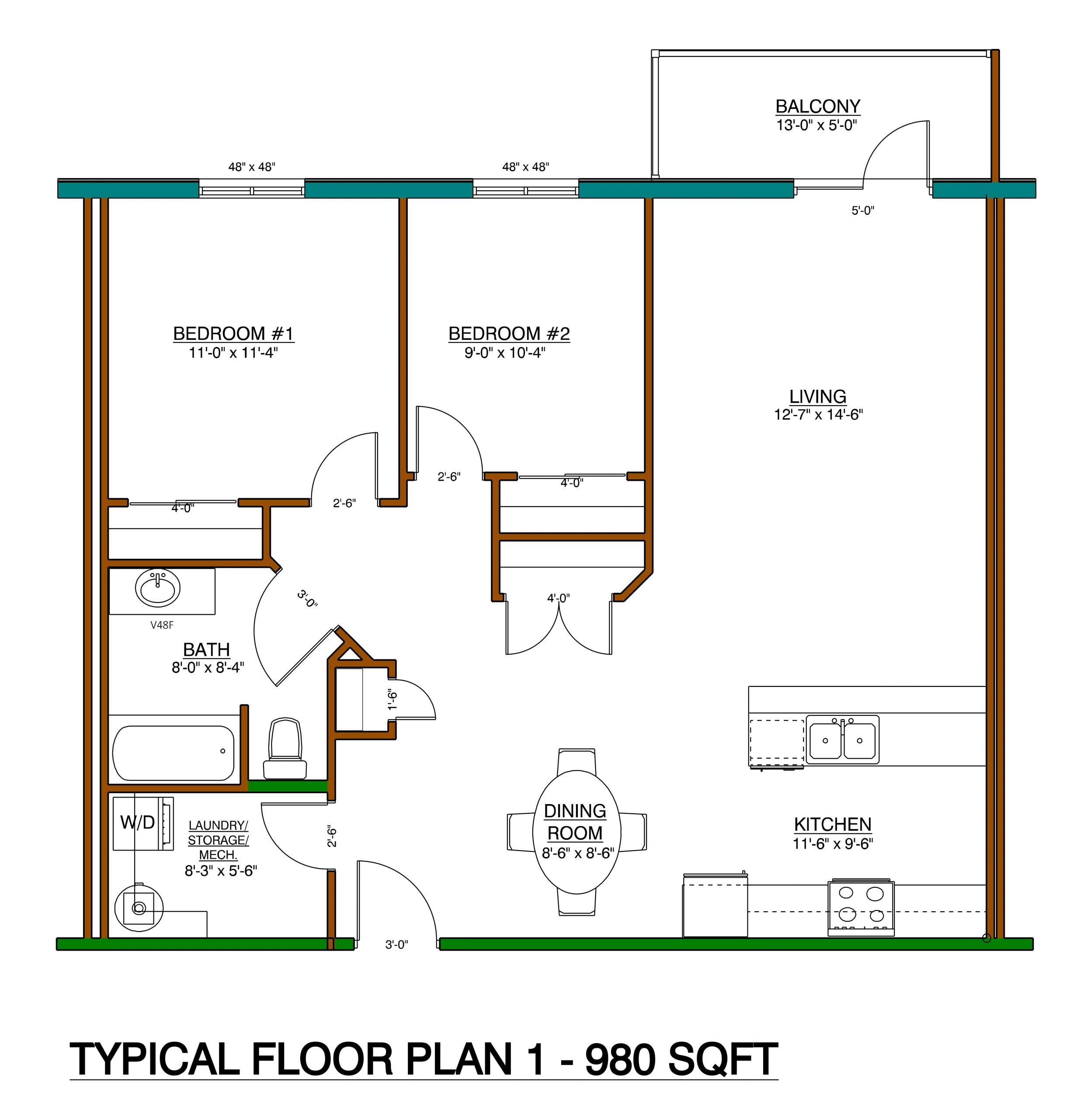 Typical Floor Plan 1 — 980 sq ft two-bedroom suite