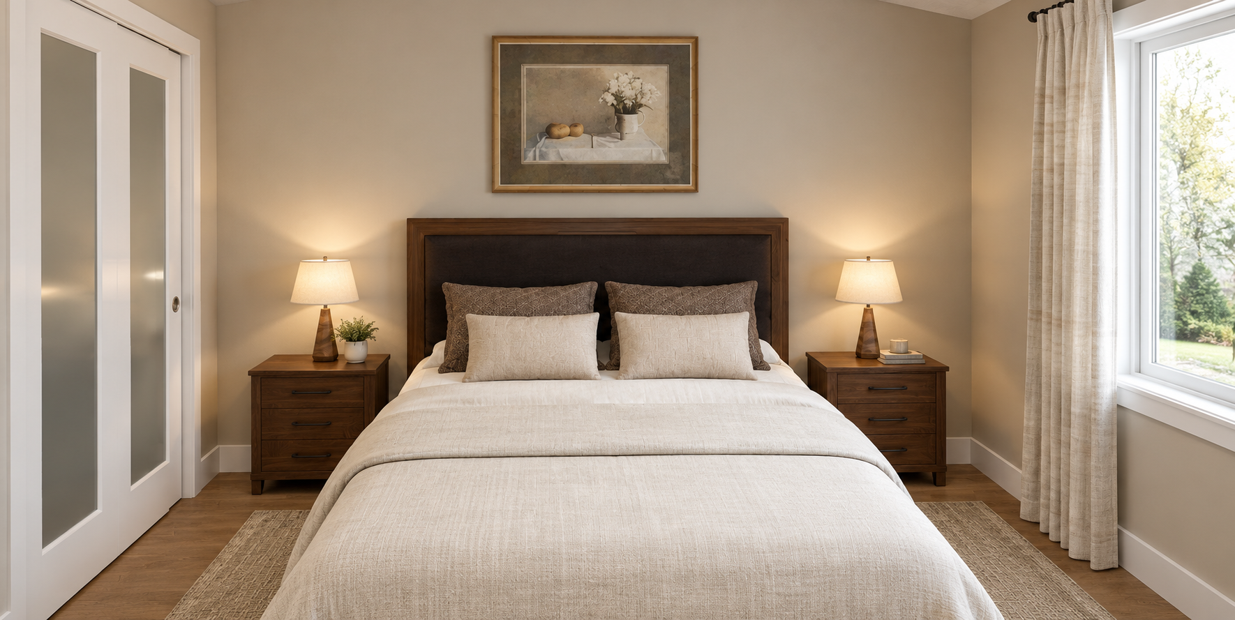 Apartment bedroom with warm neutral tones